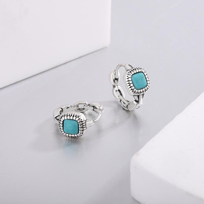 New Original Inlaid Turquoise 925 Sterling Silver Jewelry Retro Simple Geometric Earrings 3287