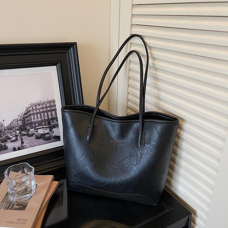 Faux Leather Tote Bag for Women Fashion Minimalist Shoulder Handbag with Wide Handles and Logo Detail