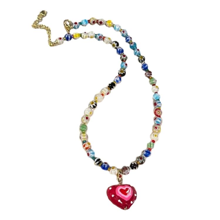 Bohemian Hand-woven  Bead Colored Necklace Coloured Glaze Red Love Necklace 1