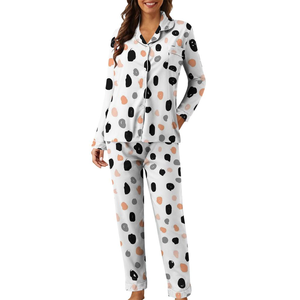 Damen Casual Mode Polka Dot Print Langarm Hosen Homewear Set