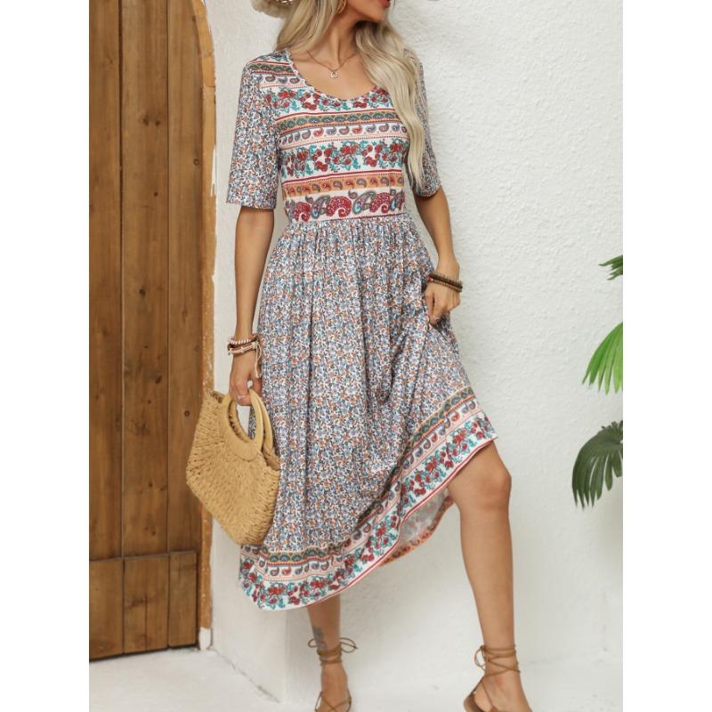 2024 Европа и Америка осень женское платье с круглым вырезом с коротким рукавом длинное платье Бохо принт женское S