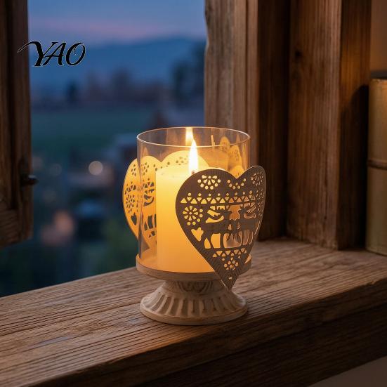 Boutique Shop Display 2Pcs Christmas Hollow Metal Candle Holder, Vintage Tabletop Tealight Lantern, Xmas Seasonal Atmosphere Light Elk, Tree,