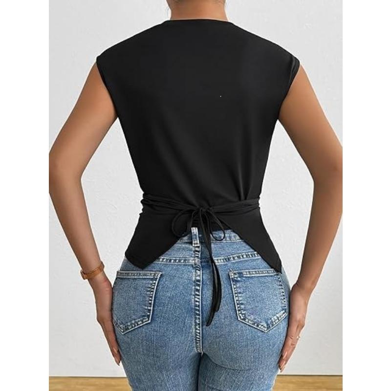 Women White Crew Neck Sleeveless Criss Cross Tie Waist Fitted Casual Blouse