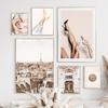 Wall Art Beige Paris Vintage Building Champagne Flower Fashion Girl Living Room Decor Canvas Painting Posters And Prints Picture