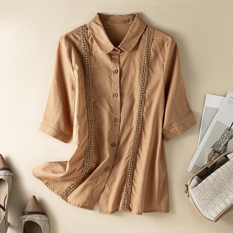 3317 Women s Five-Sleeve Solid Color Shirt - Summer, Lightweight, Artistic Style, Retro Small Lapel Design XL