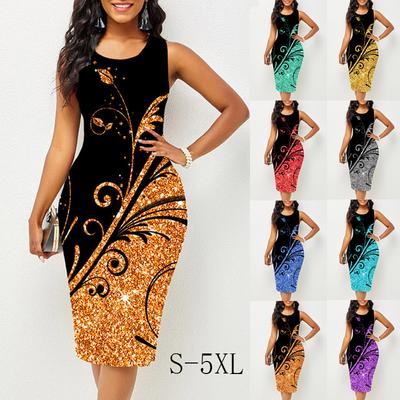 Robes d'été pour femmes sans manches à col rond Robes midi Robe une pièce pour femmes Robe à imprimé floral Robes à fleurs Grande taille S-5XL