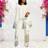 Women Plus Size Printed Round Neck Long Sleeve Layered Top Long Pants Two Piece Set