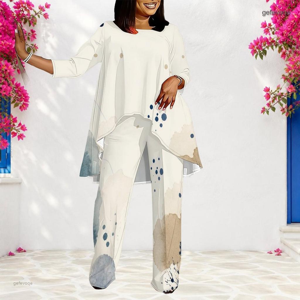 Women Plus Size Printed Round Neck Long Sleeve Layered Top Long Pants Two Piece Set