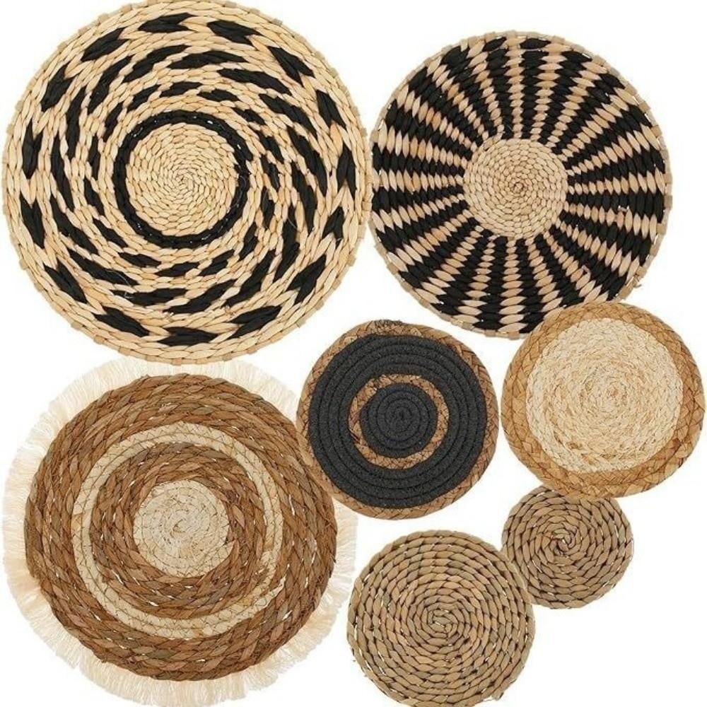 Boho Straw Woven Tray Wall Decor Round Basket Macrame Straw Wall Hangings Non Slip Heat Resistant Woven Coaster Placemat