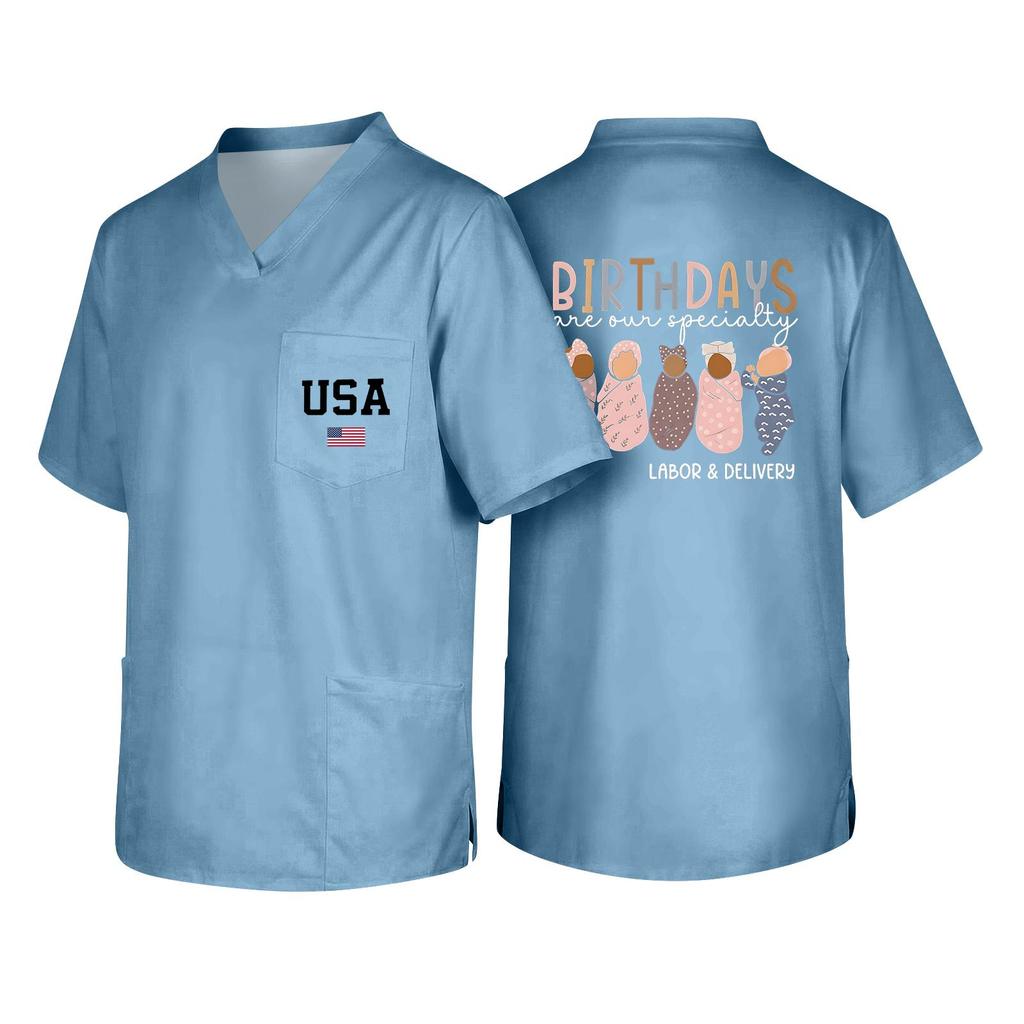 Men's Short Sleeve V-Neck Scrub Top with Pocket - Labor Day Fun Print - Uniform Tunic