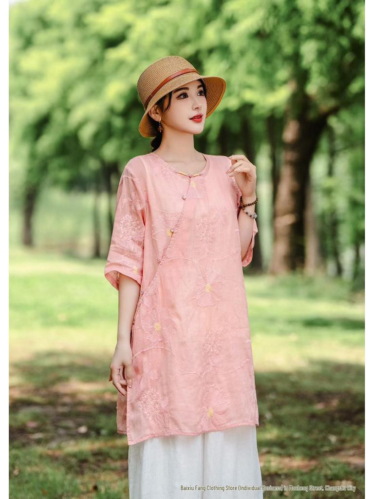 2026 Spring/Summer Women's Elegant Chinese-Style Embroidered Asymmetrical Ramie Shirt with Tie-Up and Round Neck.