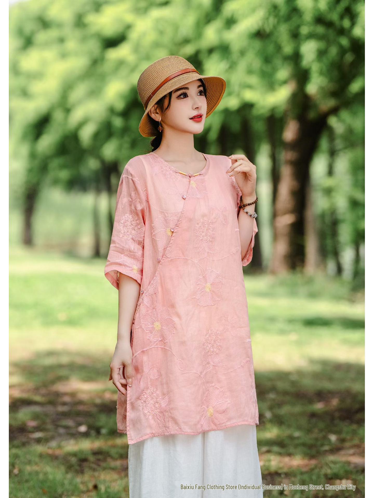 

2026 Spring/Summer Women s Elegant Chinese-Style Embroidered Asymmetrical Ramie Shirt with Tie-Up and Round Neck. One Size