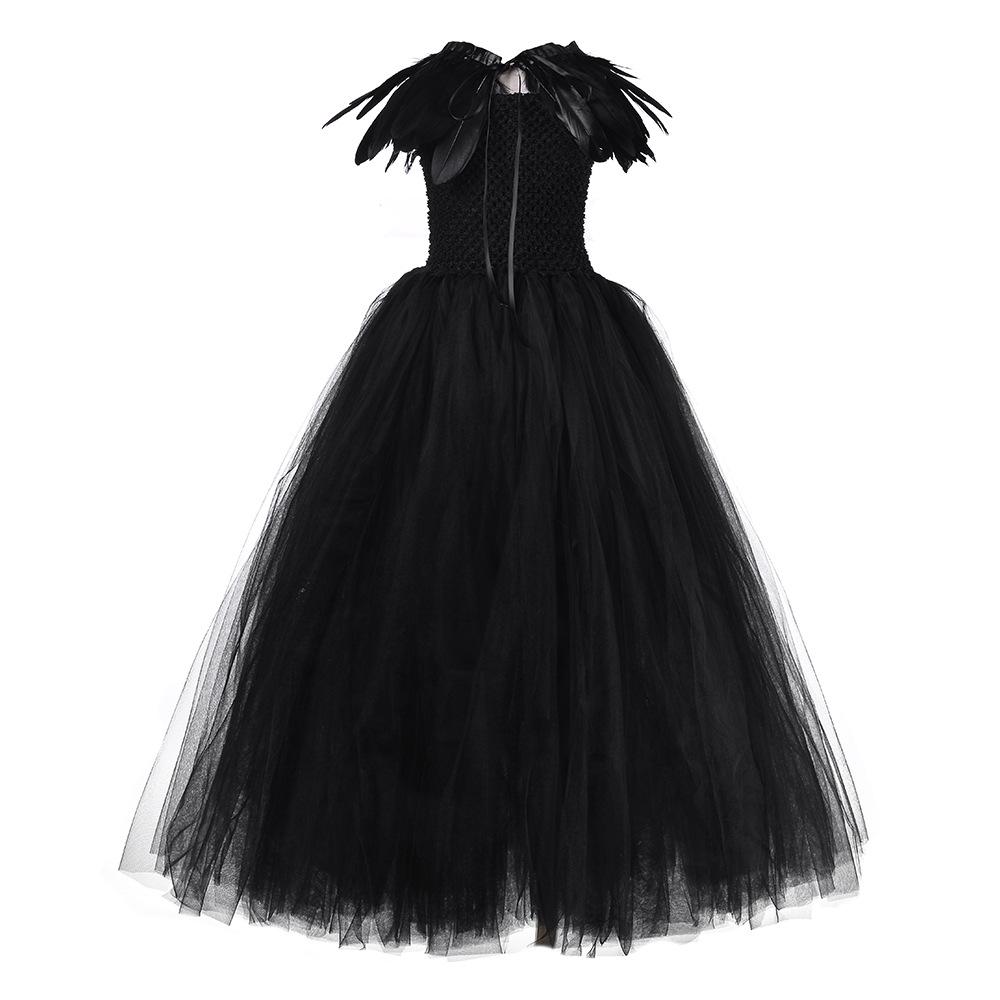 2-10Yrs Maleficent Girl Evil Queen Black Tutu Dress with Feather Scarf Halloween Villain Party Gothic Costume Gown Vestidos