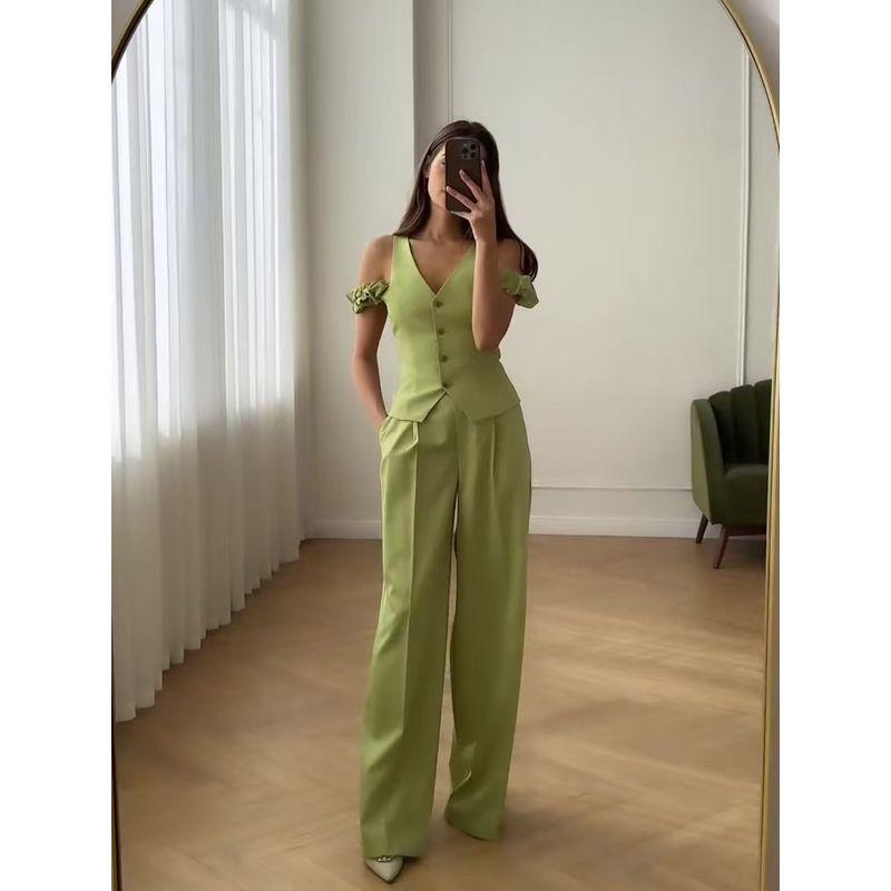 Fashion Wind New Arrival Fashion Pure Color Vest Vest High Waist Loose Pants Two-piece Set Vest and Pants Set