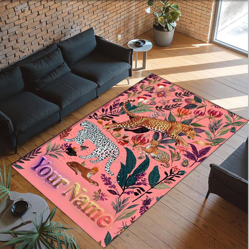 Leopard Theme Crystal Velvet Floor Rug Personalized Custom Name Text Warm Carpet Home Decoration