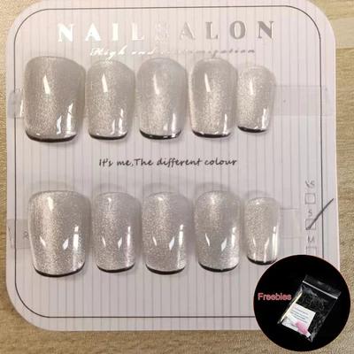 100% Handmade Round Coffin Shape French Tip Cat Eye Nails Artificial Nail Art Simple Versatile Nails Phototherapy Fake Nails