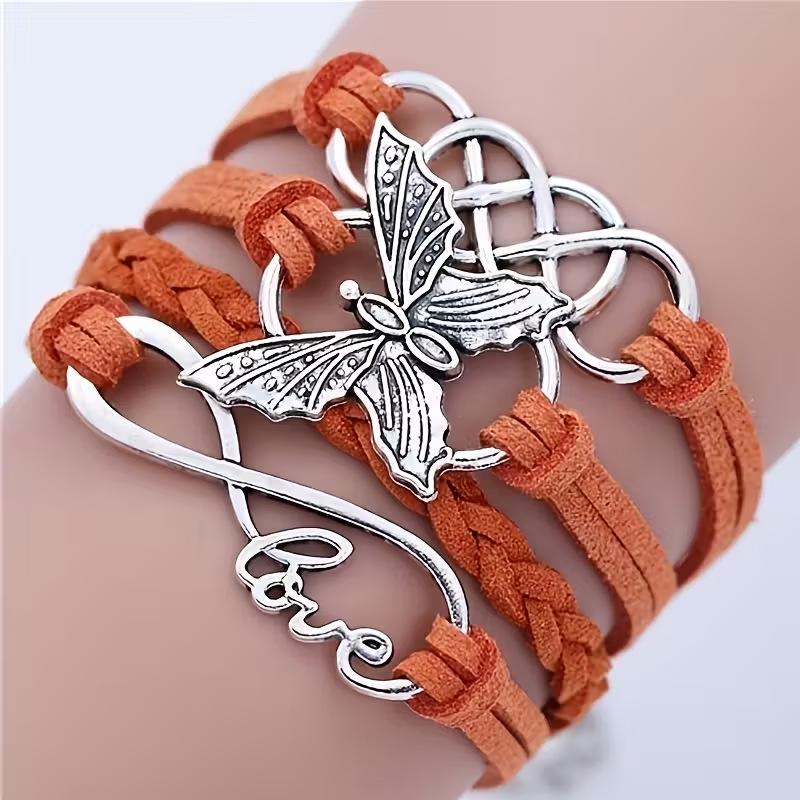Unisex Retro Multicolor Butterfly Leather Infinity Bracelet