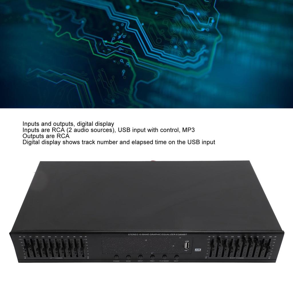 stereo graphic EQ with digital and bass support BT and USB 20-band equalizer, display, built-in BT, treble, mid, adjustment,