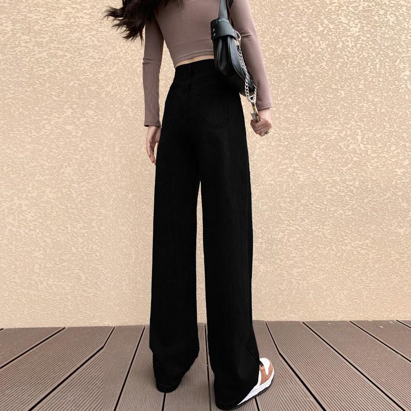 2024 Wide-Leg High-Waisted Black Jeans for Pear-Shaped Women - Spring/Autumn Floor-Length, Slimming Drape Effect
