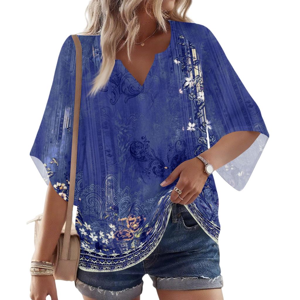 Women's 3/4 Sleeve V Floral Shirt Casual Loose Tunic Top