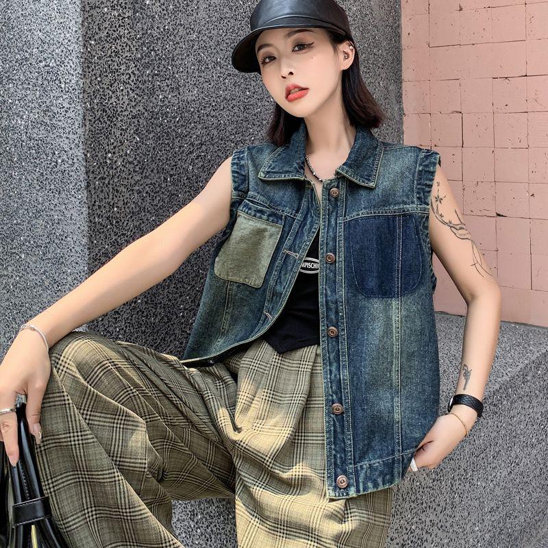 

Джинсовый жилет для женщин в начале осени в стиле ретро, темный цвет, короткая куртка без рукавов, жилет 3XL синий