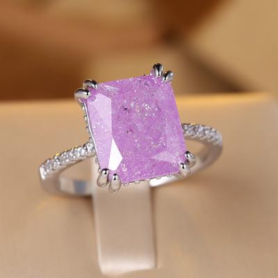 Luxe Geometrische Vierkante Paarse Kristal Zirkonia Ringen voor Vrouwen Zilverkleurig Bruiloft Feest Sieraden Cadeau