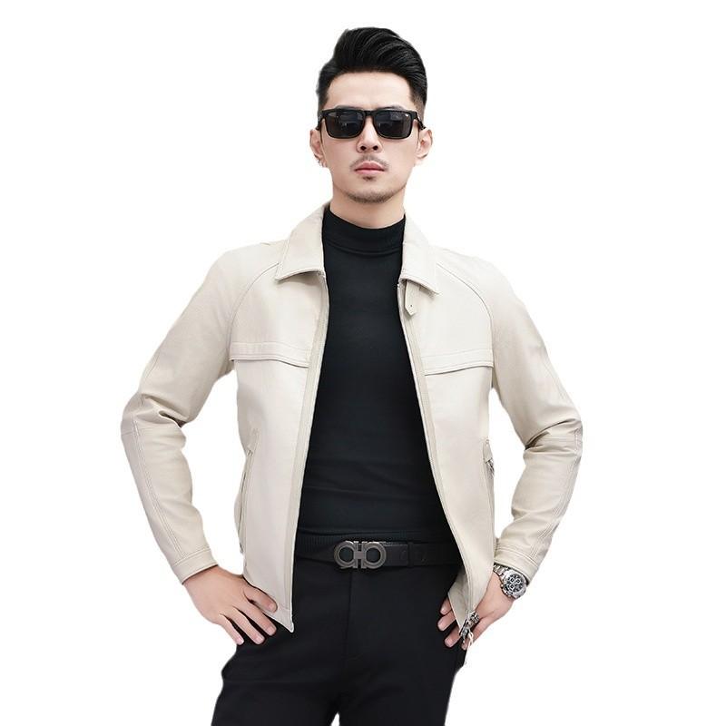 New Genuine Leather Jacket Men's Goat Leather Jacket Lapel Motorcycle Casual Trendy Short Fashionable Jacket for Young and Middle-aged People