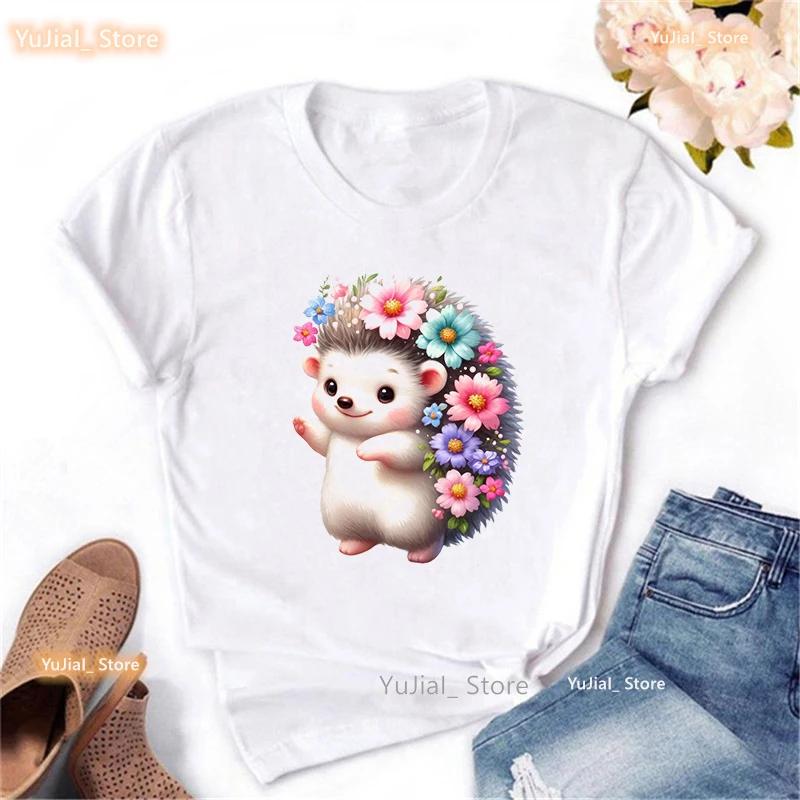 Kawaii Hedgehog Printed T Shirt Girls Summer Fashion Tops Tee Shirt Femme Funny White Tshirt Unisex Harajuku Shirt