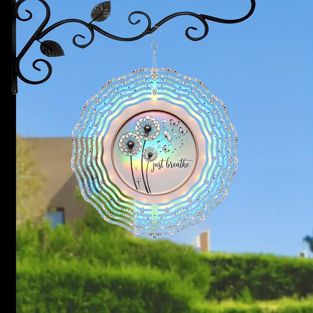 10 Inch 2D Kinetic Metal Wind Spinner Rainbow Iridescent Dandelion Design 360 Rotating Hook for Indoor Outdoor Garden Decor Gift for Women Men