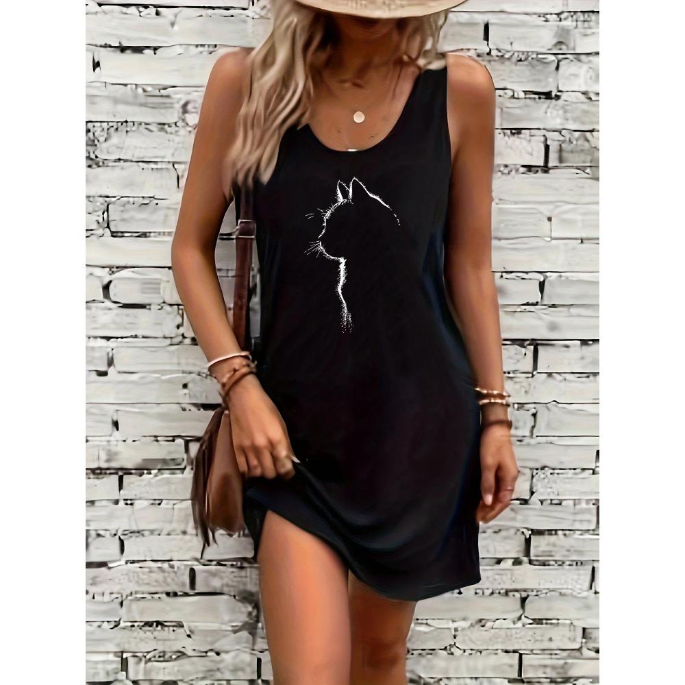 

Женское летнее свободное, удобное, повседневное, модное платье-сарафан без рукавов черного цвета с принтом кошки, в панк-стиле S