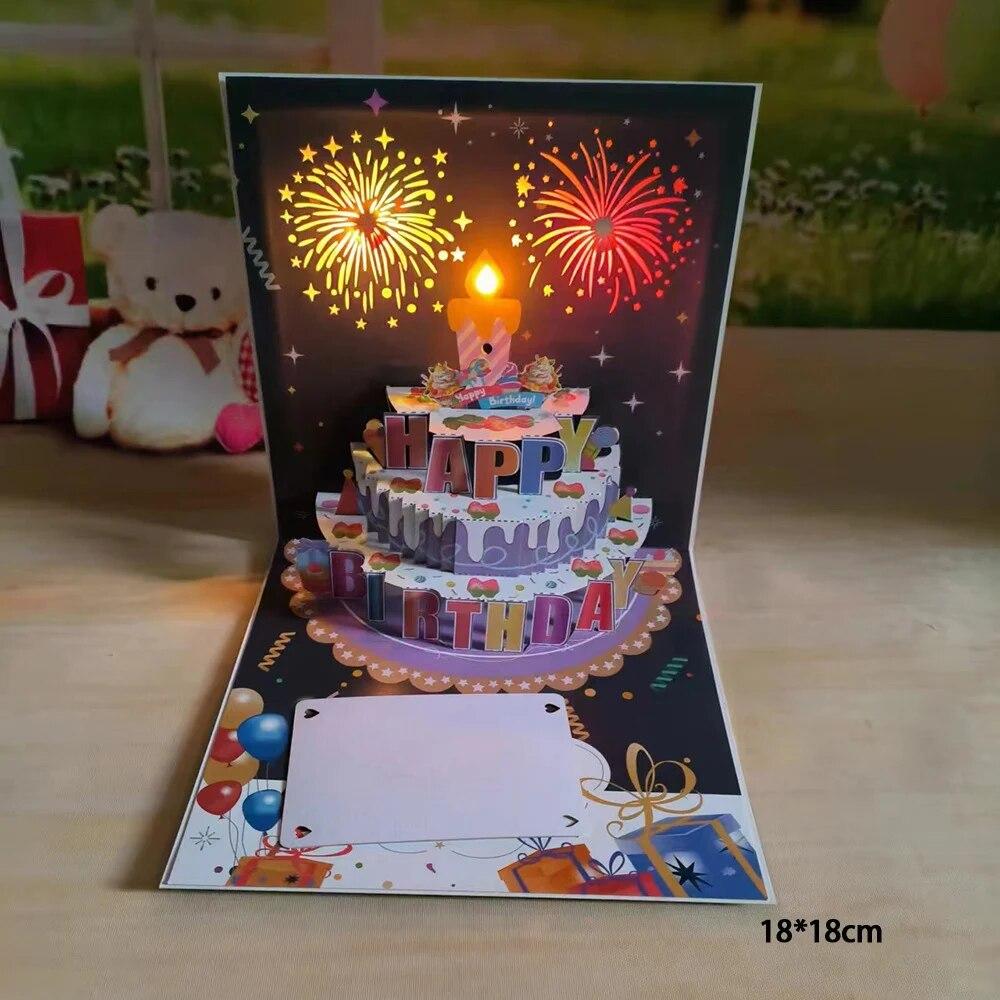 1pcHappy Birthday Card Fireworks 3D Pop Up Cake Light and Music Happy Birthday Card Gift Greeting Card for Husband Kids Wife Mom