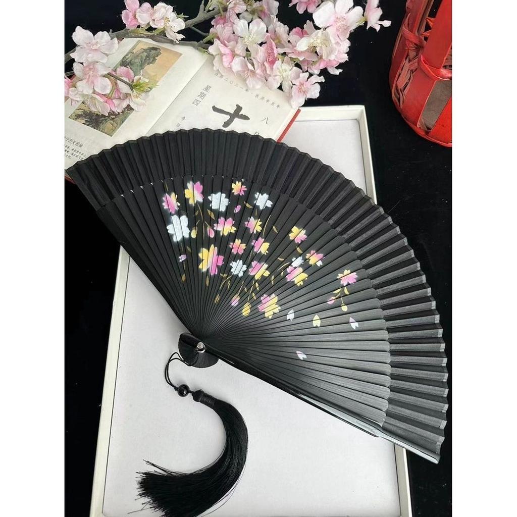 Chinese Bamboo Hand Fan Ventilador Portable Vintage Folding Black Silk Fan Classical Men Women Performance Prop Hand Fan