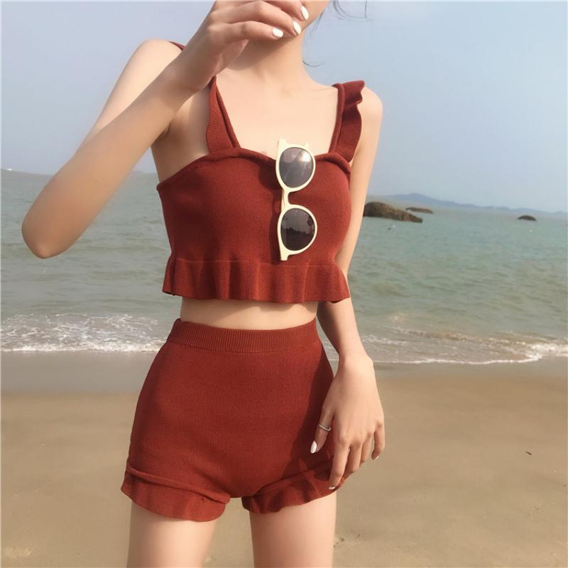 Conservative Knit Bikini Set Ruffle Trim Push Up High Waisted Boy Short Tummy Control Slimming Student Summer Beach Hot Spring Bathing Suit Swimwear
