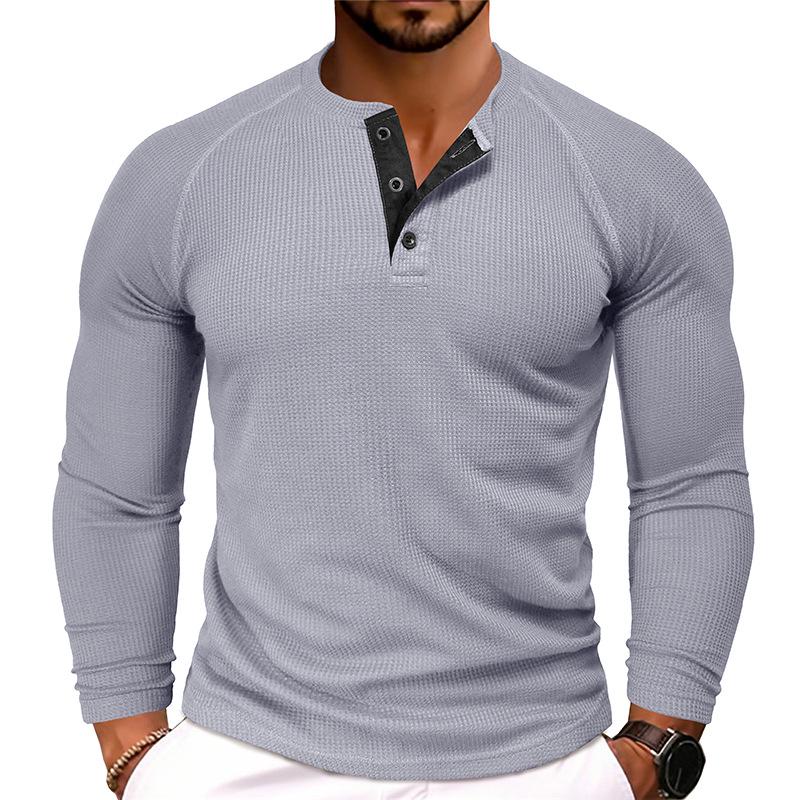 Men's Autumn/Winter Waffle Knit Round Neck Raglan Henley Long Sleeve Base Layer T-shirt