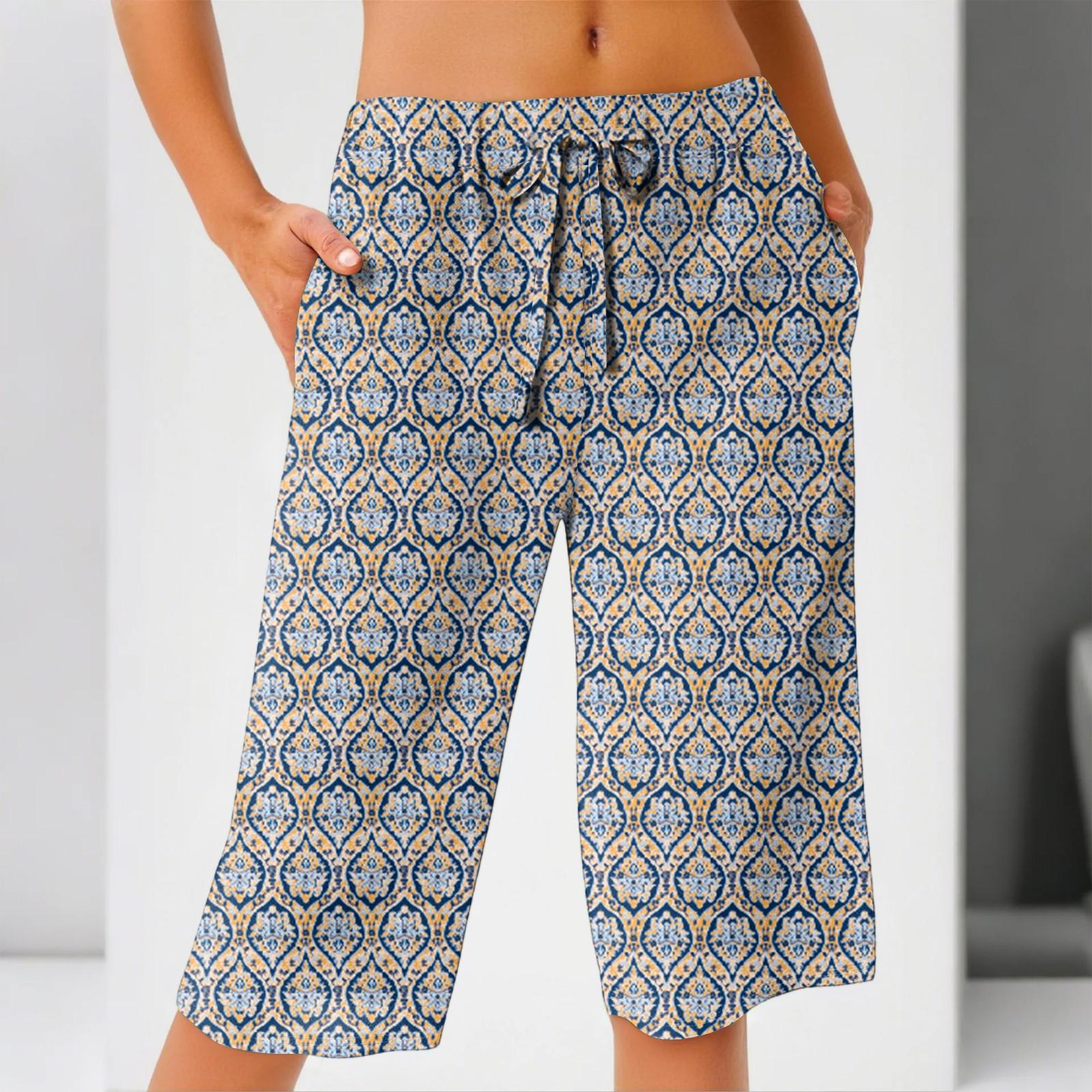 Women s Summer Elastic Waist Printed Cotton And Linen Loose Shorts M