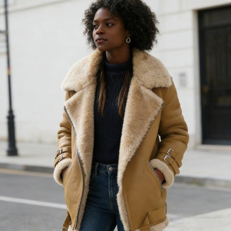 Women Motorcycle Style Loose Mid Length Suede Lamb Wool Cotton Coat