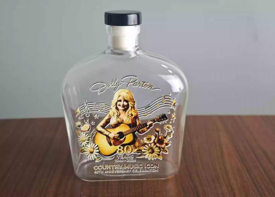 Dolly Parton Premium Country Music Themed Whiskey Decanter, Handcrafted Clear Glass Liquor Bottle with Guitar & Floral Relief