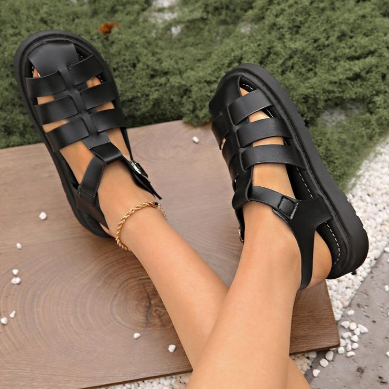Women Sandals 2025 Summer Toe Buckle Openwork Braided Gears Platform Sandals Female PU Leather Roman Beach Black Hollow Shoes