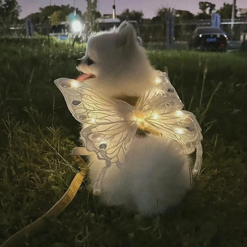 Glowing Butterfly Wings Dog Harness & Summer Outfit for Small Dogs - Adorable Chest Decor for Dogs Cats Pomeranian Teddy Bichon