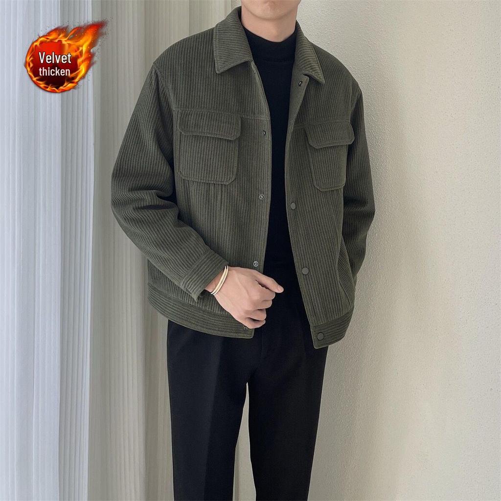 2025 Men's Versatile Fleece-Lined Top Coat - Casual Loose Fit, Turn-Down Collar, Autumn/Winter Workwear