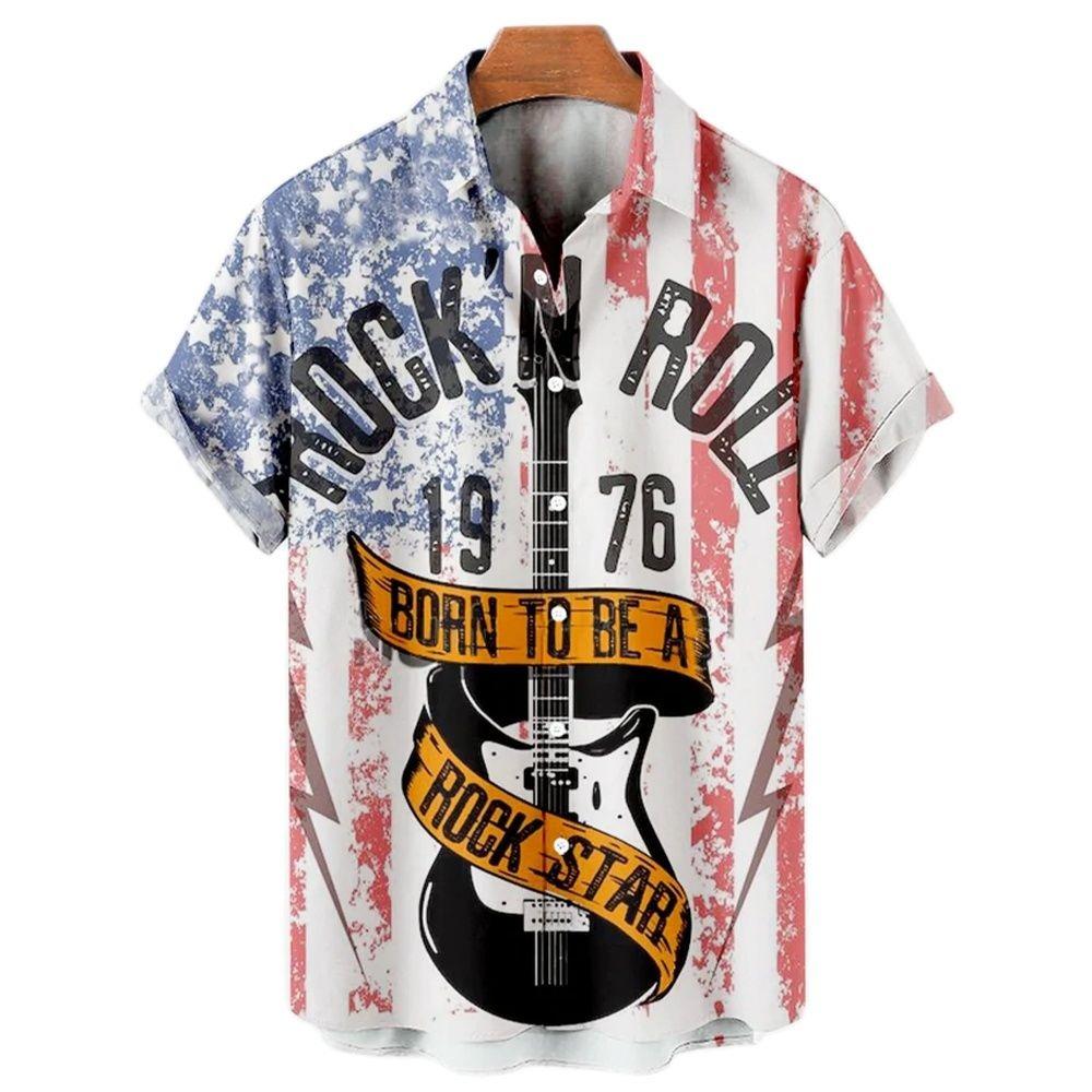Men's Music Guitar Print Shirts Rock Hip Hop 2025 Men's Clothing Short Sleeve Beach Shirt Outdoor Street Social Vintage Shirt