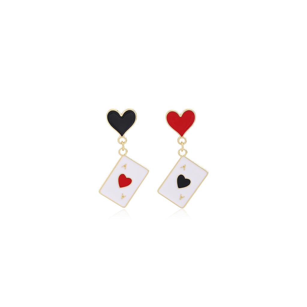 Oil Drop Heart Spade Playing Card Earrings, Light Luxury Design Sense Asymmetrical Personality Fashion Earrings