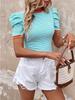 European American Chic Striped Puff Sleeve Round Neck T-Shirt for Women - Summer Thin Half Sleeve 