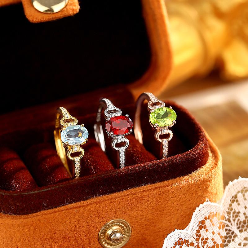 Color Treasure Ring S925 Sterling Silver Horse Buckle Design Natural Topaz Garnet Peridot Light Luxury Living Ring