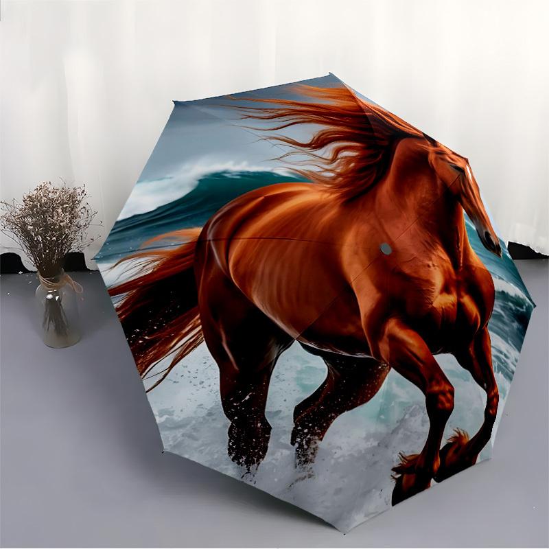 1pc Ocean Horse Automatic Folding Umbrella Portable Collapsible 8-Rib Umbrella for All Seasons, Casual Outdoor Accessory, B61