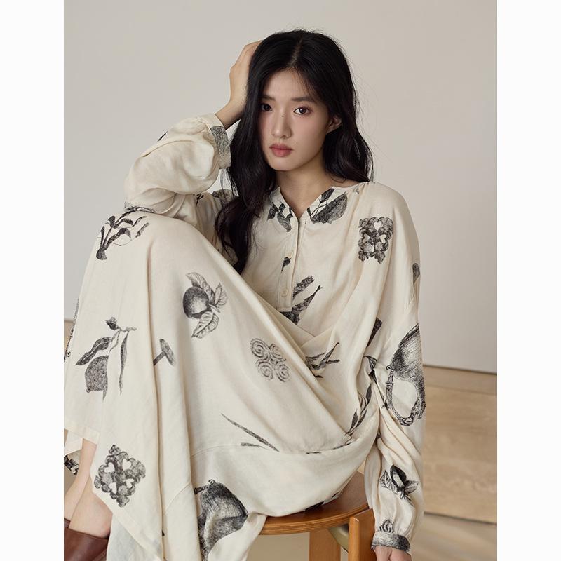 Bamboo Fiber Women's Long Sleeve Wabi-Sabi Nightgown - Mid-Length Autumn Pajamas Dress