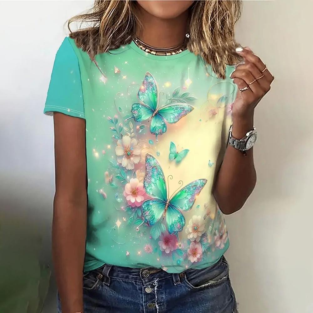 Summer Gradient Print Tshirt For Women Butterfly Pattern Tops Fashion Casual Loose T Shirt Oversized Short Sleeve Aesthetic Clot