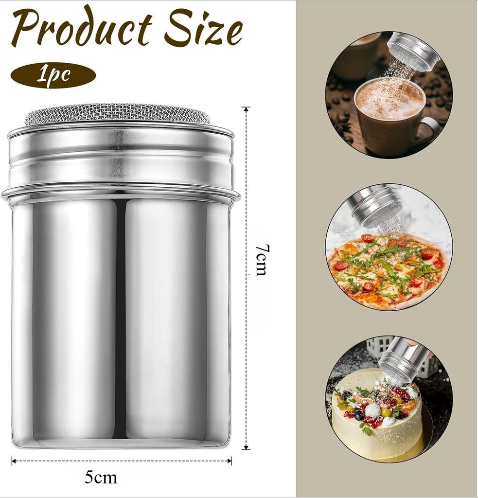 1Pcs Stainless Steel Powder Sugar Shaker Duster with Lid Fine Mesh Shaker Powder Cans for Baking Soda Cocoa Cornstarch Coffee