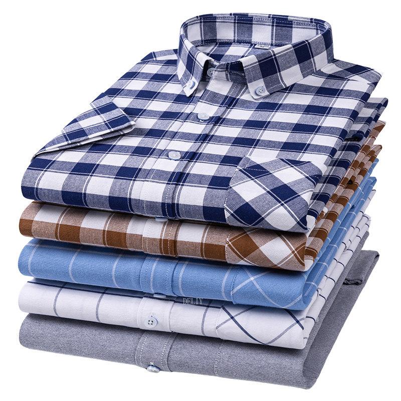 Men Oxford Short Sleeve Summer Plaid Shirts 100% Cotton Breathable  Striped Male Clothes Business Regular Fit Short Shirts
