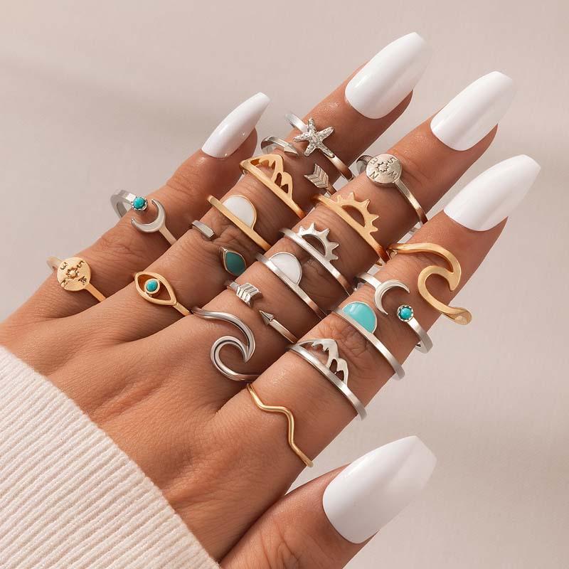 New European and American Rings Vintage Sun Eye Arrow Moon Ring Set Sapphire Ring Nineteen-piece Set